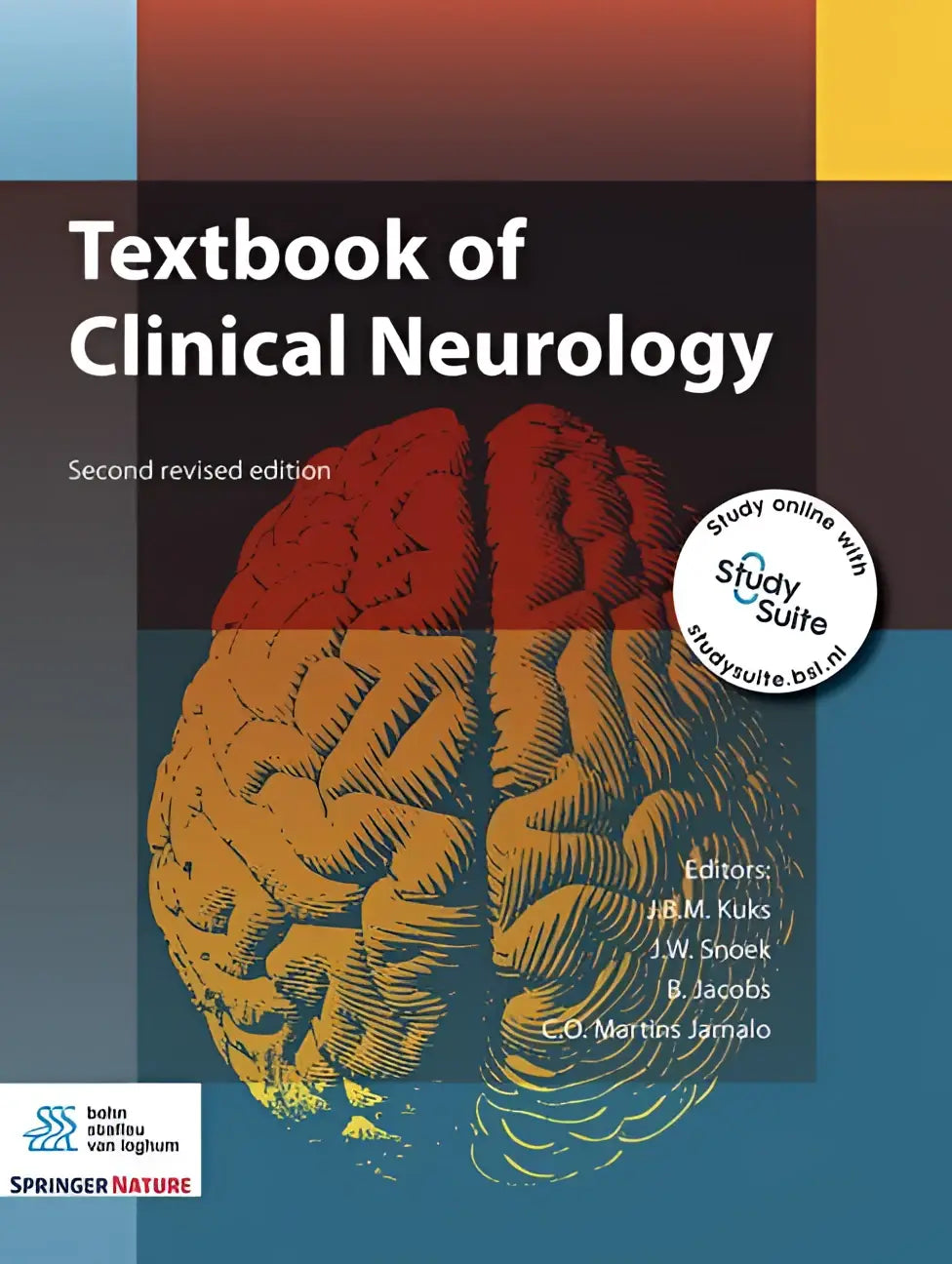 De cover van het leerboek klinische neurologie tweede herziene editie toont een gestileerde hersenillustratie in rood en geel met bsl media