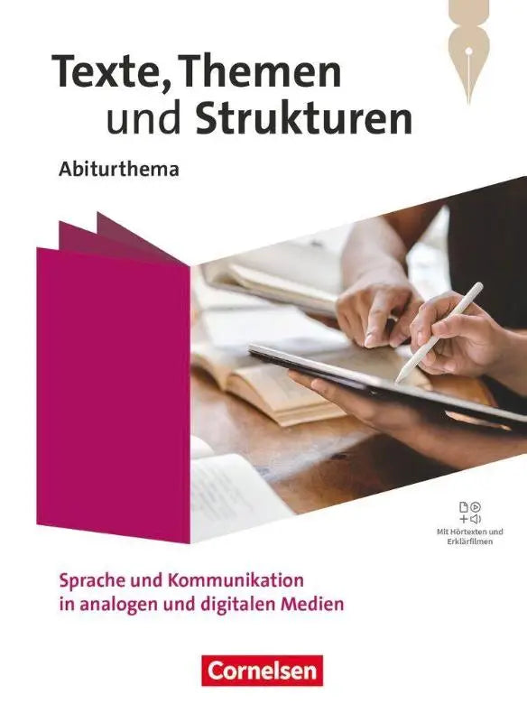 Paarse textbook met themen und strukturen abiturthema van cornelsen voor analyse van taal en communicatie