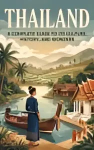 Illustratieve reisposter thailand complete guide met traditionele architectuur en weelderige natuur als wonders