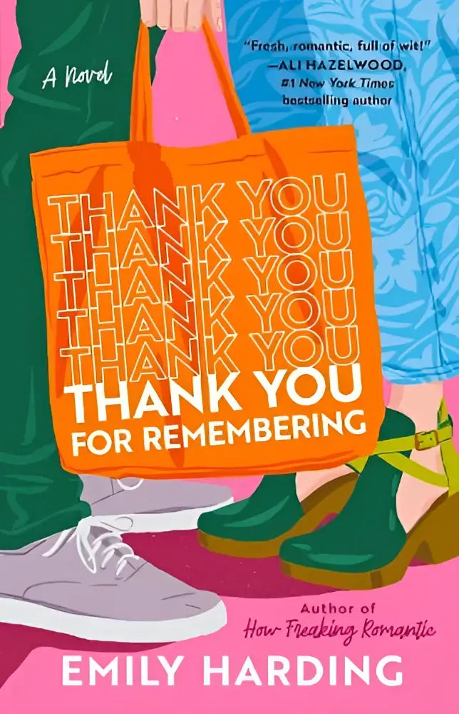 Oranje canvas tas met herhalende thank you tekst in wit en zwart, bold design, thank you for remembering product