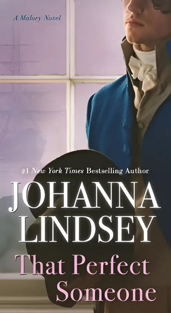 Het boek dat perfect someone toont een man in een elegante blauwe jas met wit kanten kraag voor een paarse raamachtergrond