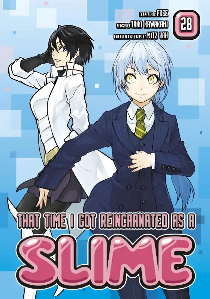 De cover van volume 28 van manga that time i got reincarnated as a slime toont twee personages met zwart en zilverblauw haar