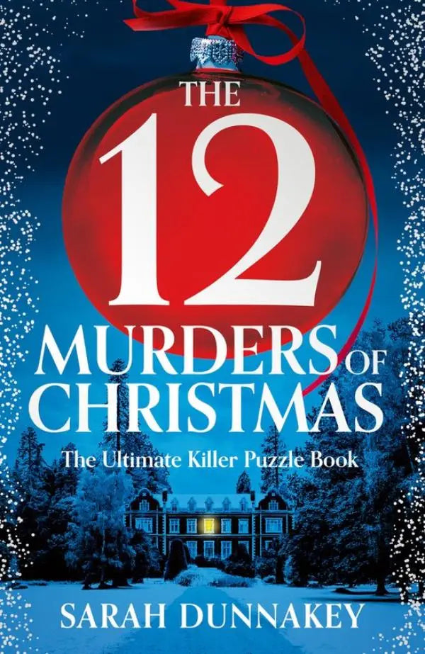 Rode kerstbal hanger met zilveren dop en rode lint getiteld the 12 murders of christmas puzzel thriller