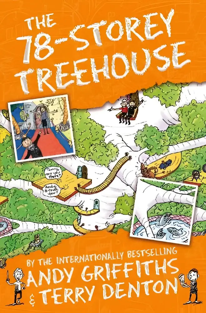 The 78-storey treehouse book with vibrant orange cover featuring whimsical illustrations of the treehouse adventure