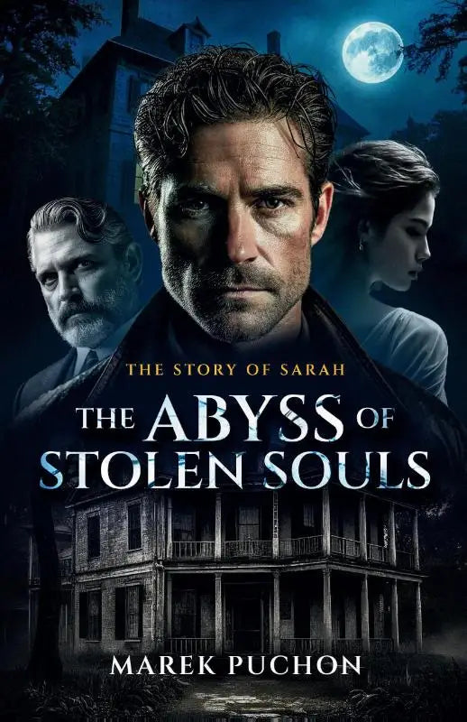 The abyss of stolen souls book cover shows three characters with a moonlit haunted house, the story of sarah