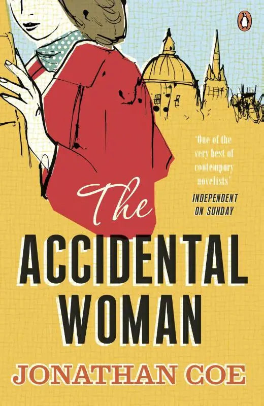 The accidental woman door jonathan coe is a penguin books paperback met een geïllustreerde vrouw in rood op gele achtergrond