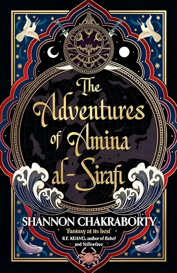 The adventures of amina al-sirafi boekomslag met goudkleurige letters en roodblauwe decoratieve hemelse randen