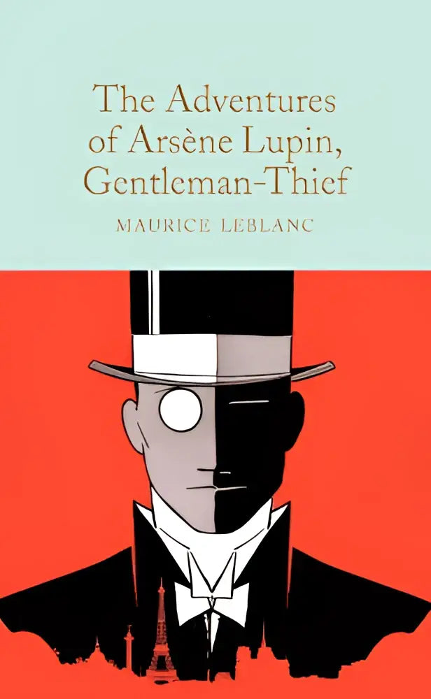 De avonturen van arsène lupin boekcover met een gestileerde afbeelding van de gentleman-thief in zwart pak en rode achtergrond