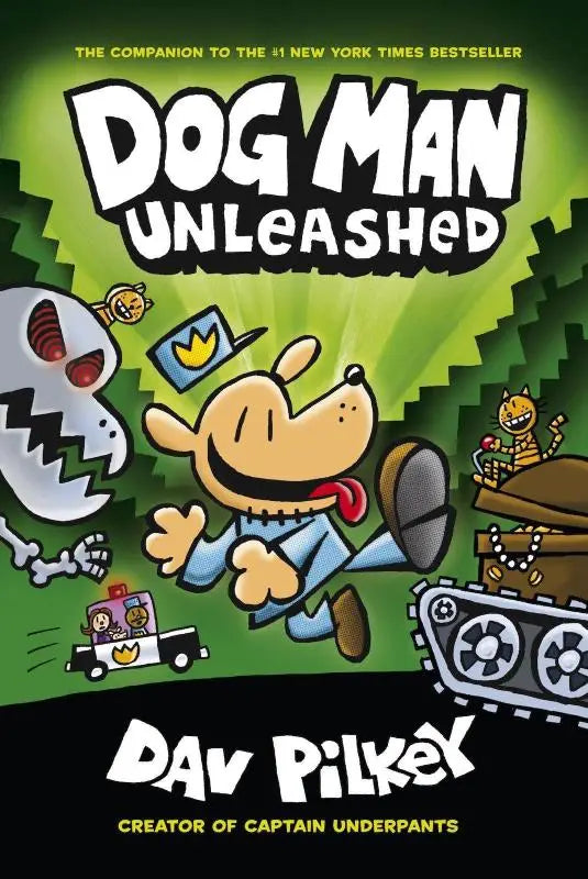 The adventures of dog man 2 unleashed features a vibrant green cover with dog man in blue overalls running cheerfully