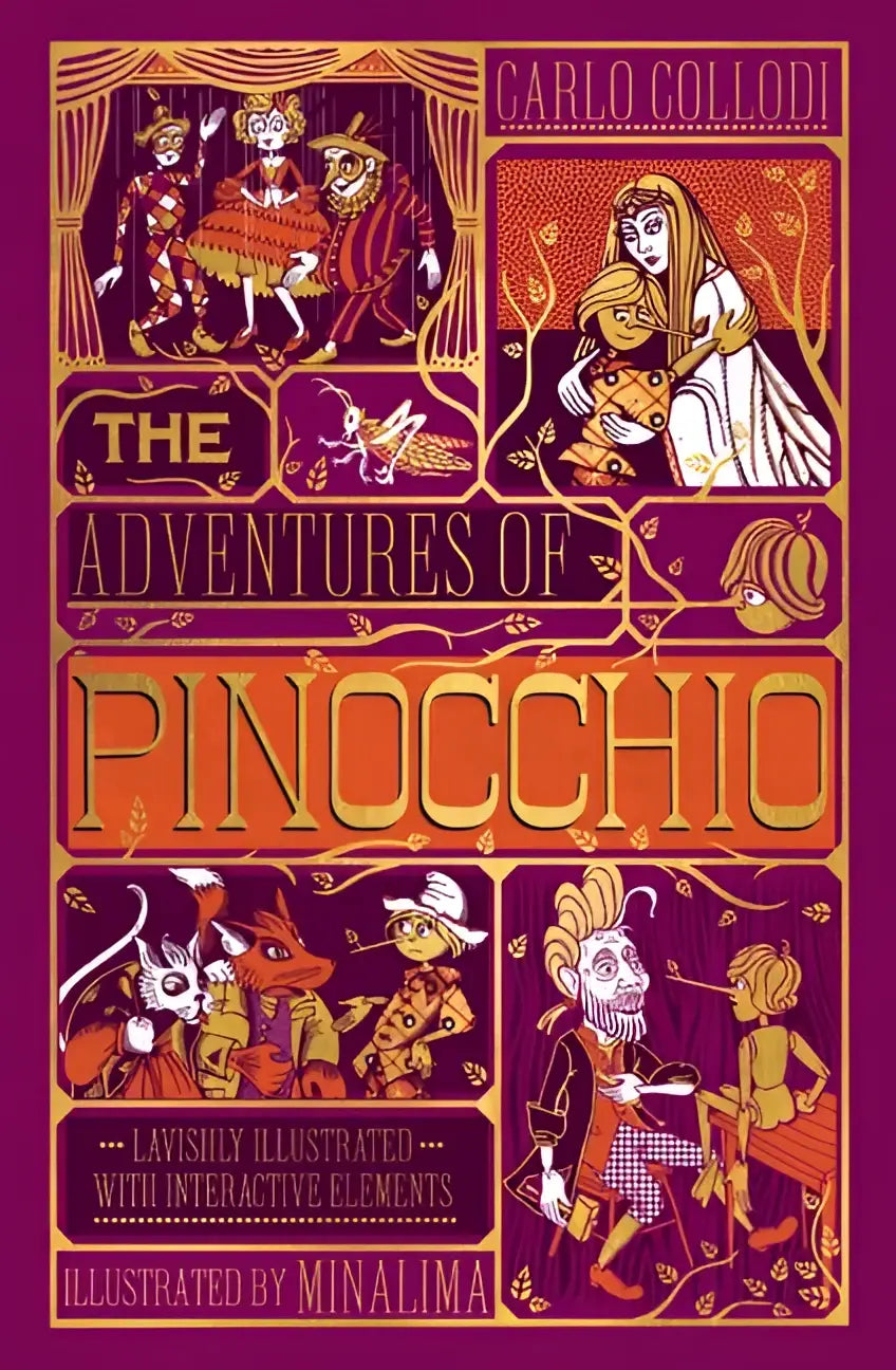 Lavishly illustrated hardcover edition of the adventures of pinocchio by carlo collodi with ornate purple and gold artwork