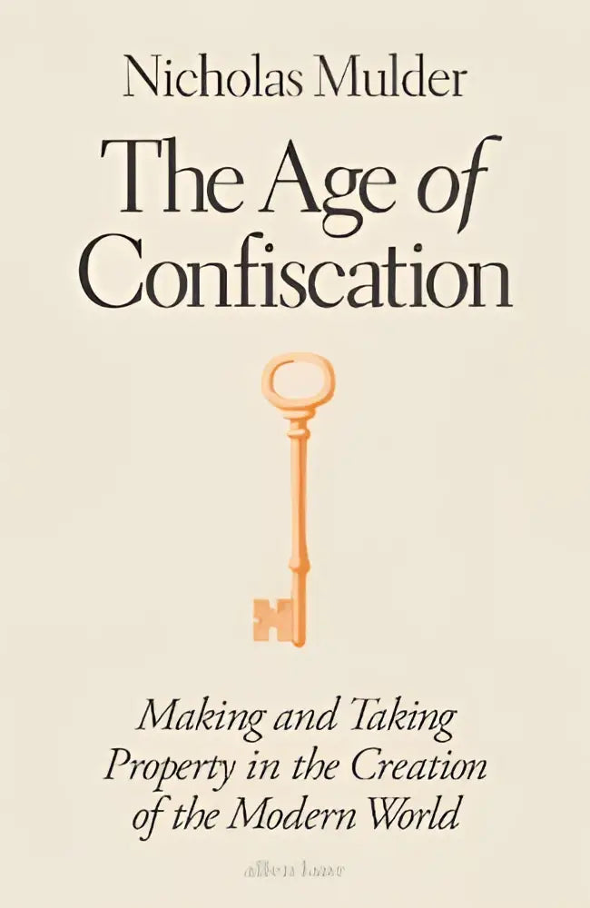 A beige book cover for the age by nicholas mulder with a gold-colored ornate key illustration published by allen lane