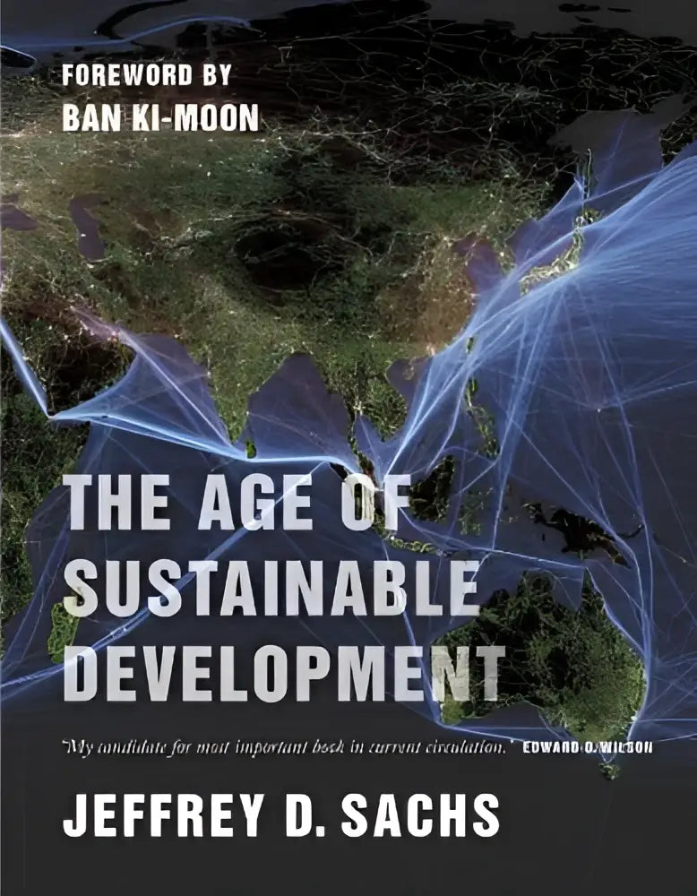 The age of sustainable development book cover features a dark globe map with glowing blue lines representing sustainable development