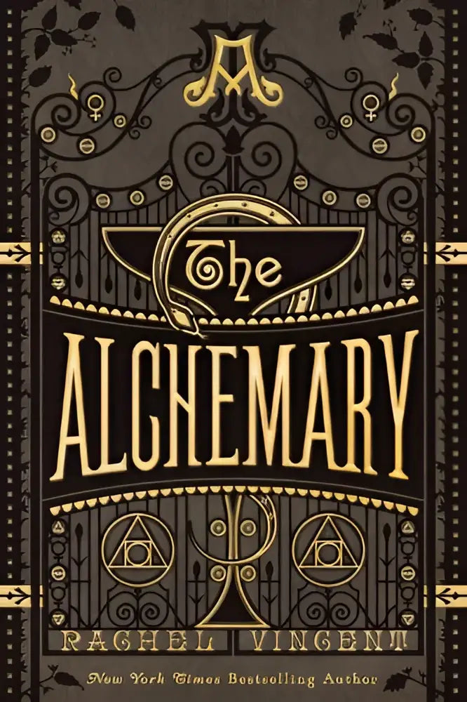 The alchemary book cover features ornate black and gold gothic lettering with intricate details for dark academia alchemy