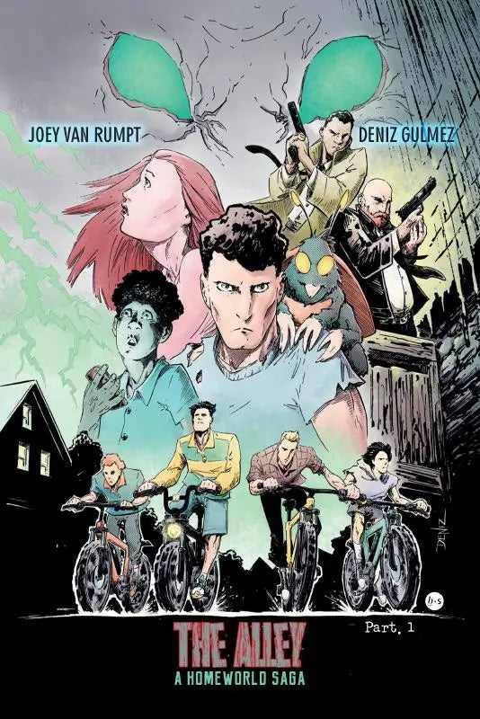 The alley homeworld saga comic book cover showing characters on bicycles with green balloons in urban setting