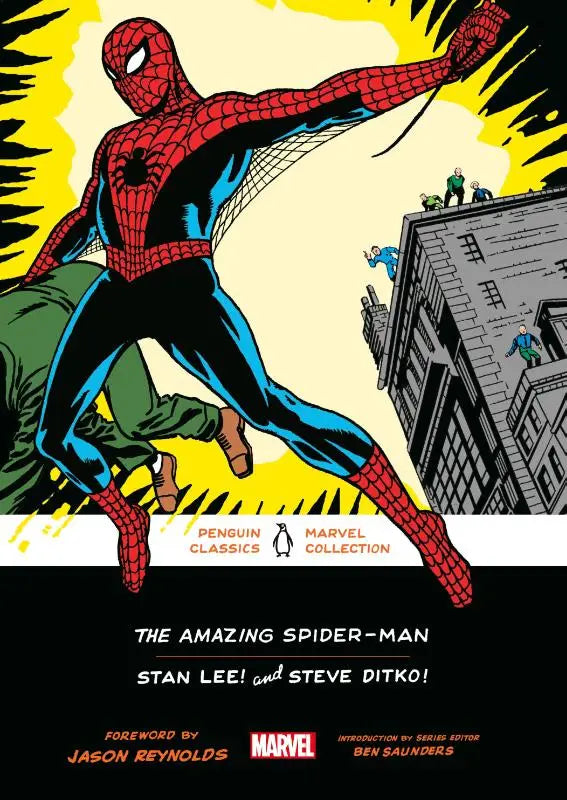 Illustratie van red en blue spider-man in the amazing spider-man die door de stad slingert in klassieke stripstijl