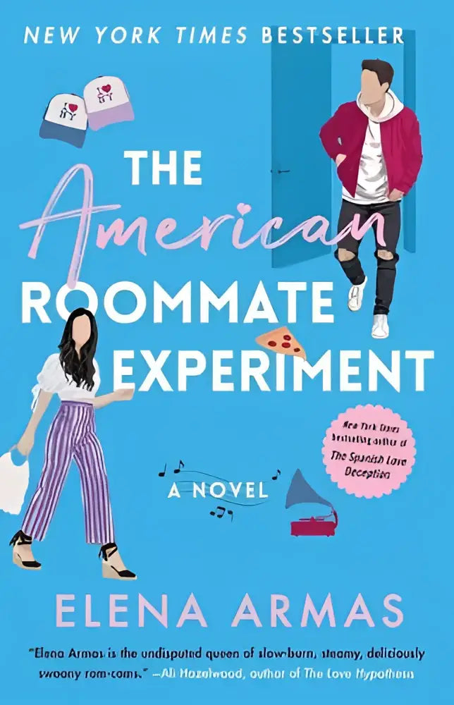 The american roommate experiment novel cover has a bright blue background with two young adults illustrated in color
