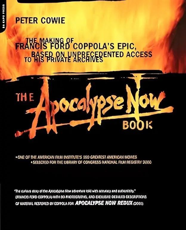 The apocalypse now book is a black hardcover featuring fiery orange and yellow lettering on the cover