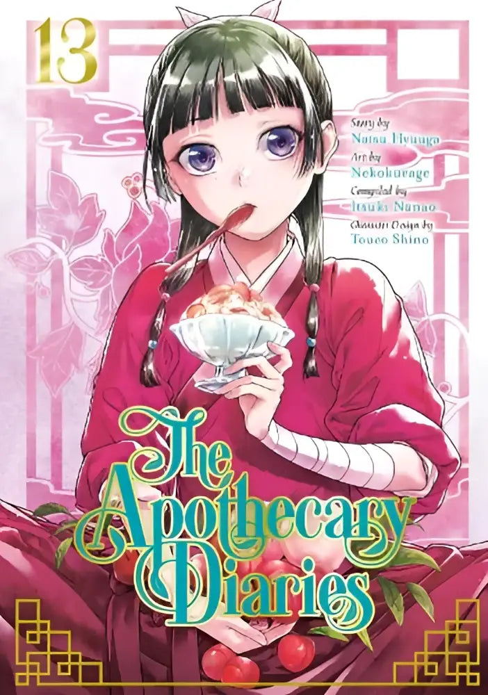 Jong meisje in rood traditioneel kostuum met paarse ogen houdt schaal met kleurrijk voedsel in the apothecary diaries 13 manga