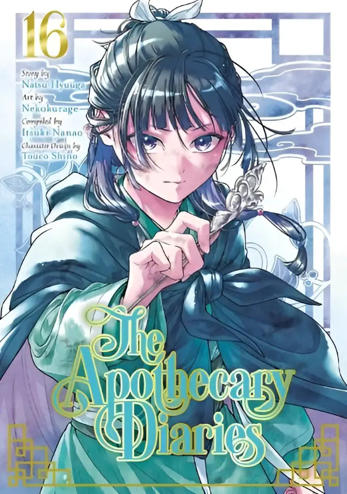 De apothecary diaries volume 16 manga cover met een personage in een tealgroene mantel met donker haar