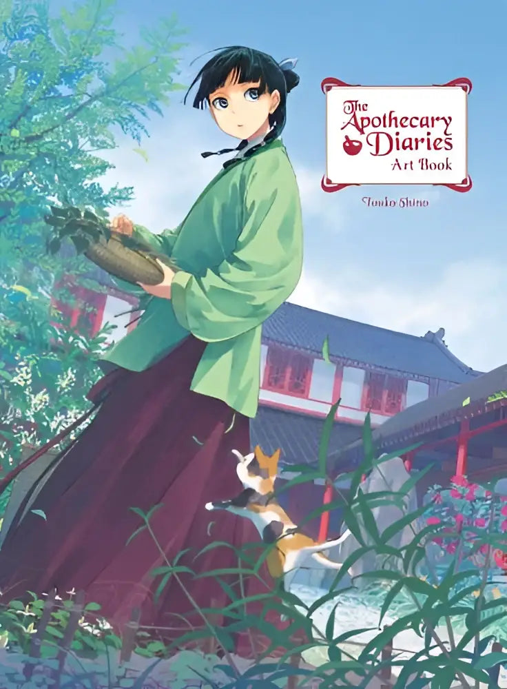 The apothecary diaries art book softcover with vibrant anime-style girl holding herbs in green and maroon attire