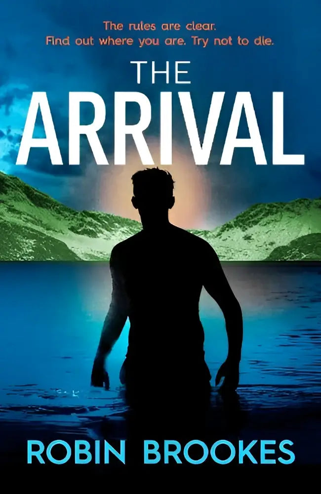 Boekcover van the arrival van robin brookes met spannende fictie in witte letters tegen blauwe en groene achtergrond