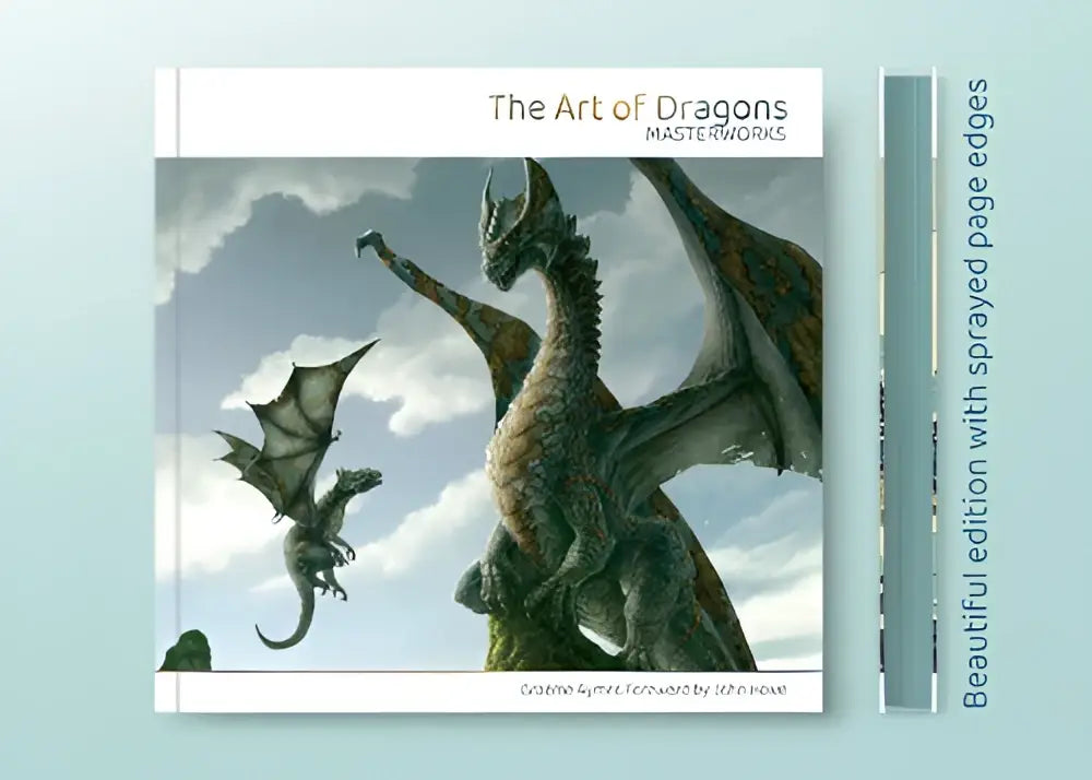 The art of dragons masterworks boek met gedetailleerde illustratie van twee draken, de grotere in groenbruine schubben