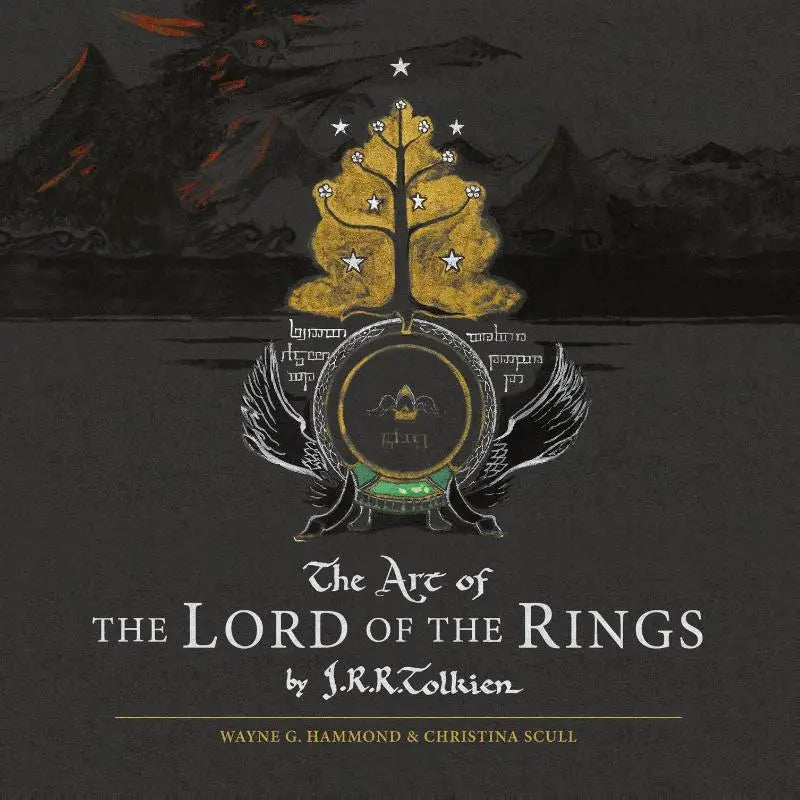 The art of the lord of the rings boekcover met gouden boom, zwarte vleugels en een sierlijke cirkelvormige afbeelding