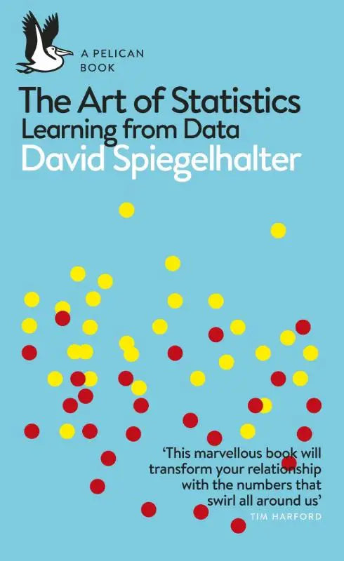 Lichtblauw boek met witte pelicaanslogo en titel the art of statistics learning from data door david spiegelhalter