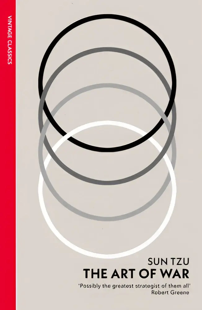 The art of war by sun tzu paperback with minimalist black and white concentric circles on beige cover vintage classics