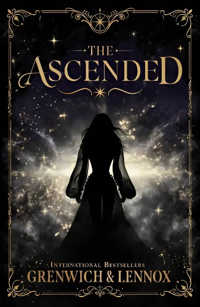 De ascended door greenwich & lennox is een donker elegante boekcover met goudembossing en een kosmische sterrenscène