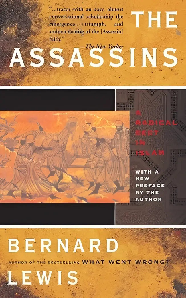 De assassins boekcover met een getextureerd, aardetintontwerp en oranje zwarte illustratie van historische figuren