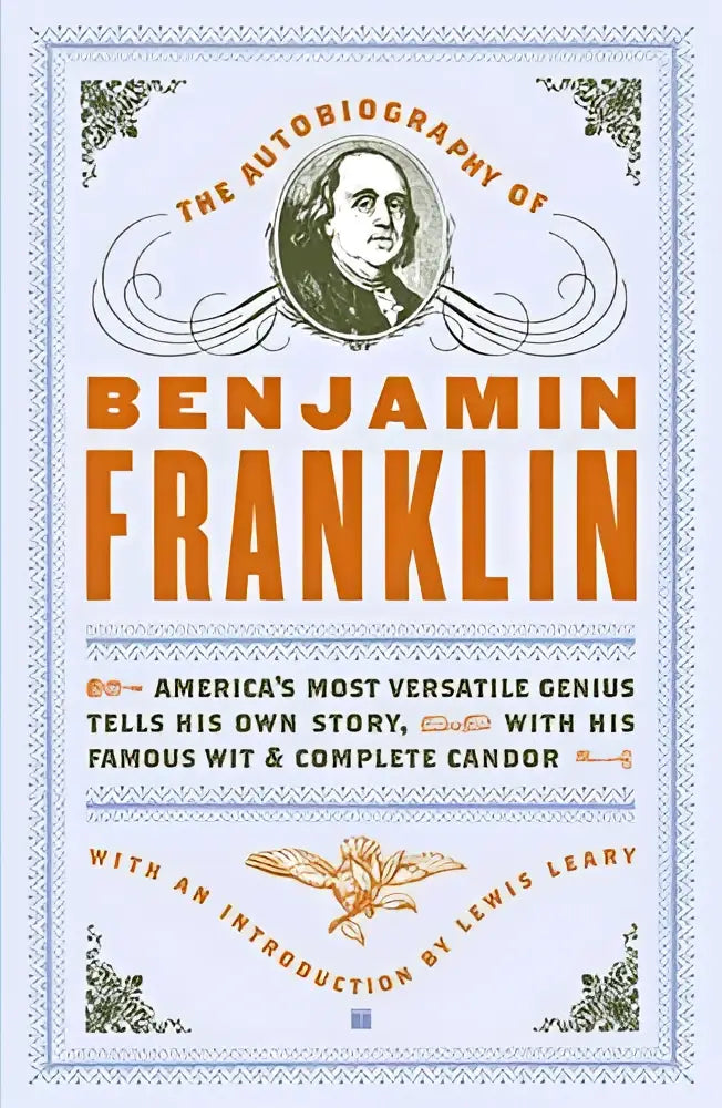 De klassiek vormgegeven boekomslag van the autobiography met een sepiaportret van Benjamin Franklin op blauw