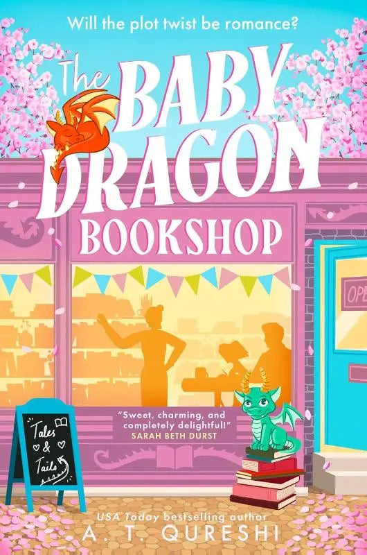 The baby dragon bookshop boekomslag met felroze gevel, oranje draak en groene baby dragon op gestapelde boeken
