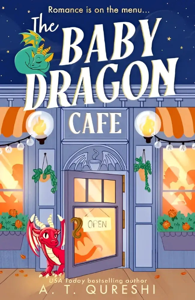 De cover van het kinderboek the baby dragon cafe toont een rode draak bij een oranje-wit gestreept luifel