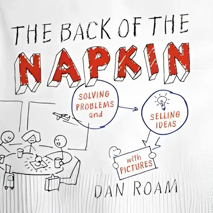De achterkant van het boek the back of the napkin expanded edition met rode en zwarte tekst en cartoonillustratie
