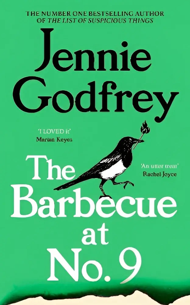 Groene boekomslag met zwart-witte vogelillustratie en de titel the barbecue bij no 9
