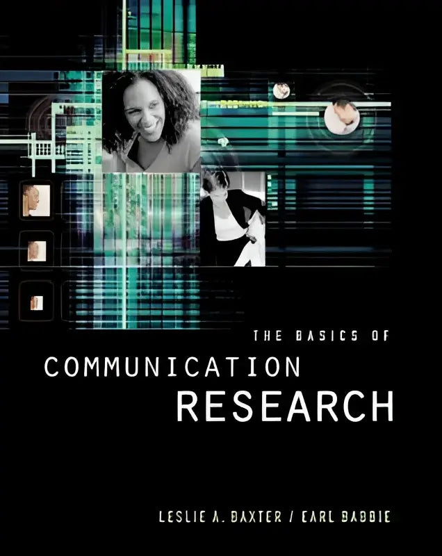 De basics of communication research met infotrac boekomslag toont een zwart-wit foto van een glimlachende vrouw met digitale achtergrond