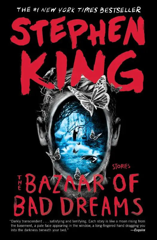 Het bazaar van bad dreams verhalenboek met een rood en zwart omslag en gestileerd gezicht met vlinders door stephen king