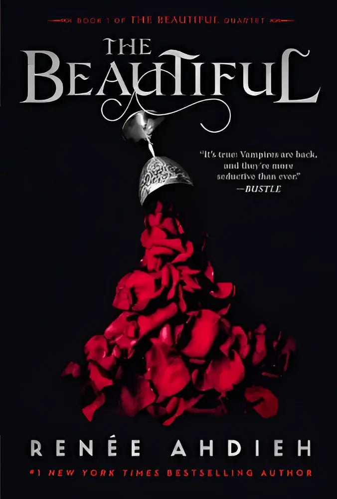 De beautiful cover toont een zwart-wit illustratie van een vrouw in een elegante jurk van rode rozenblaadjes voor jonge lezers