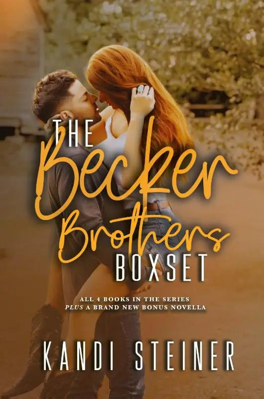 The becker brothers box set book cover shows a romantic couple under golden light with title in flowing yellow script