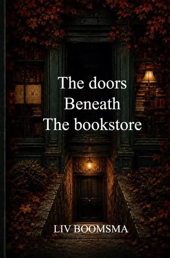 The doors beneath the bookstore boekomslag toont een donker houten deur omgeven door klimop en herfstbladeren