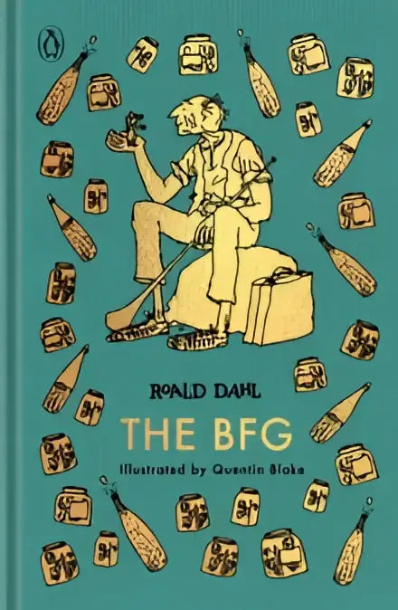 Teal hardcover book the bfg by roald dahl with gold lettering and vintage jars bottles illustrations