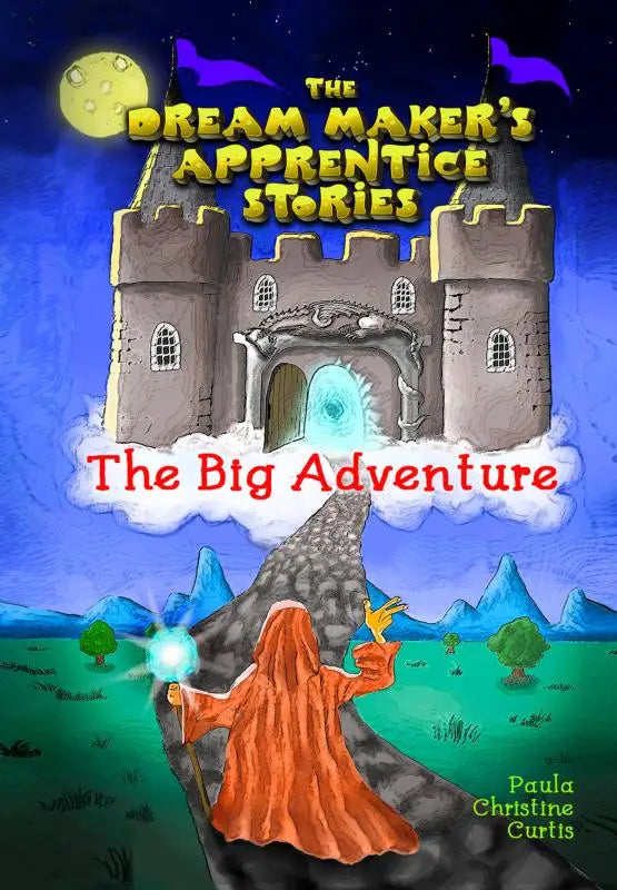 The big adventure kinderboek met stenen kasteel op wolken bij maanlicht en een figuur met gloeiende bol voor jonge lezers