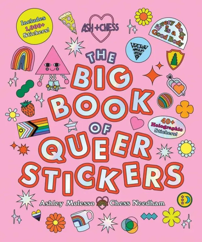 The big book of queer stickers with a vibrant pink cover featuring colorful cartoon stickers and bold orange lettering