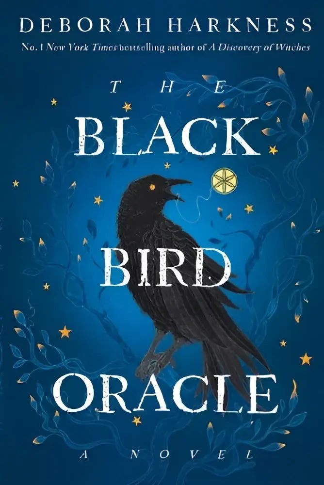 Een zwart gedetailleerde crow met gele ogen tegen een blauwe achtergrond met sterren voor the black bird oracle