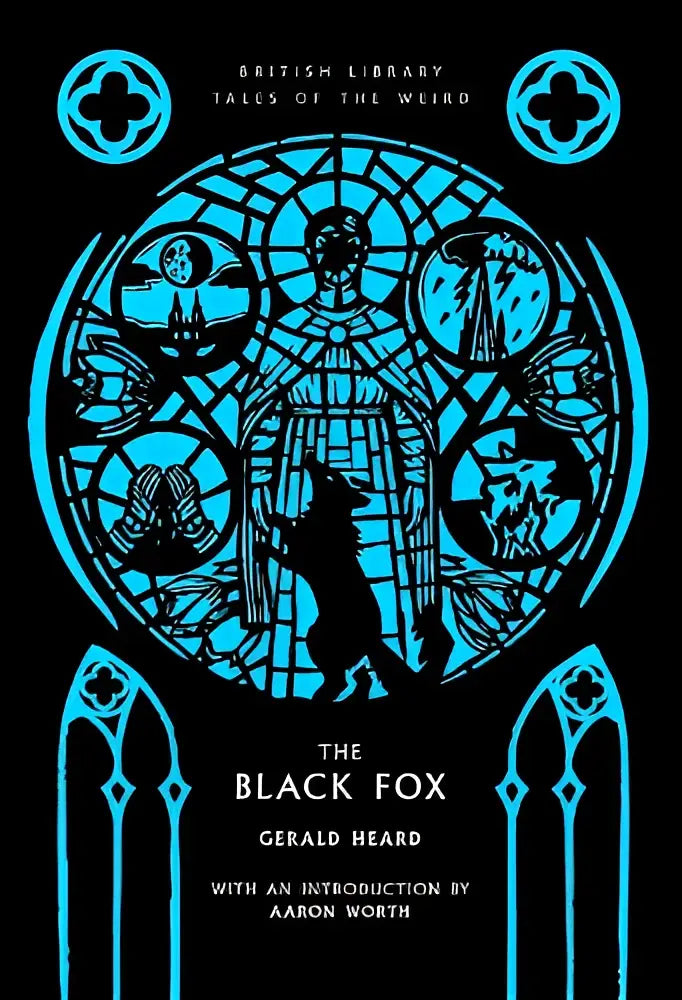 De black fox boekomslag toont een teal glas-in-lood ontwerp met gotische bogen en symbolische figuren op zwarte achtergrond