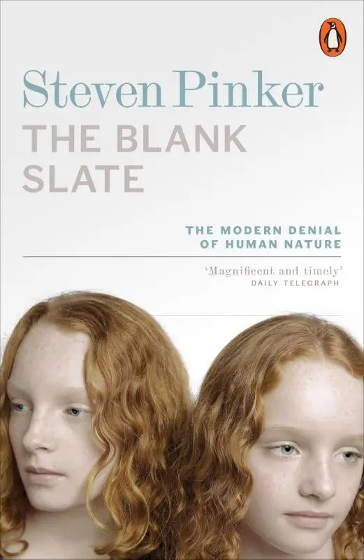 Penguin books editie van the blank slate door Steven Pinker met witte minimalistische cover en twee rode haren meisjes