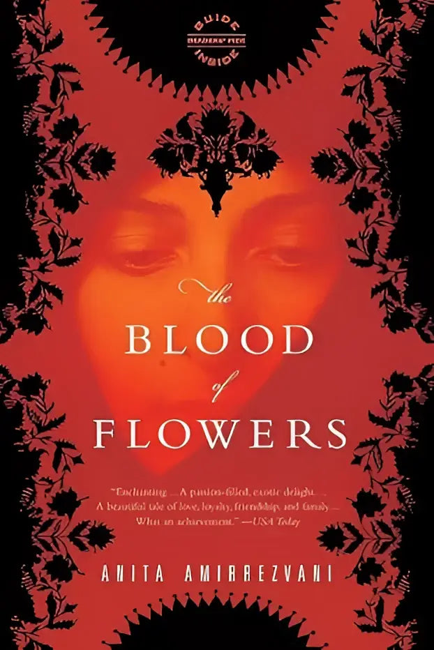 The blood of flowers door anita amirrezvani boek met rood omslag en zwart bloemrijk kader met witte titeltekst