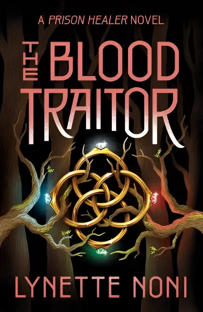 De cover van the blood traitor toont een gouden ring met blauwe en rode accenten voor het epische fantasy the finale