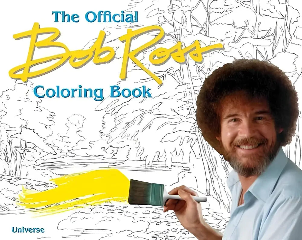 The bob ross coloring book features a cheerful portrait of bob ross holding a paintbrush with yellow paint streaks on ross coloring pages